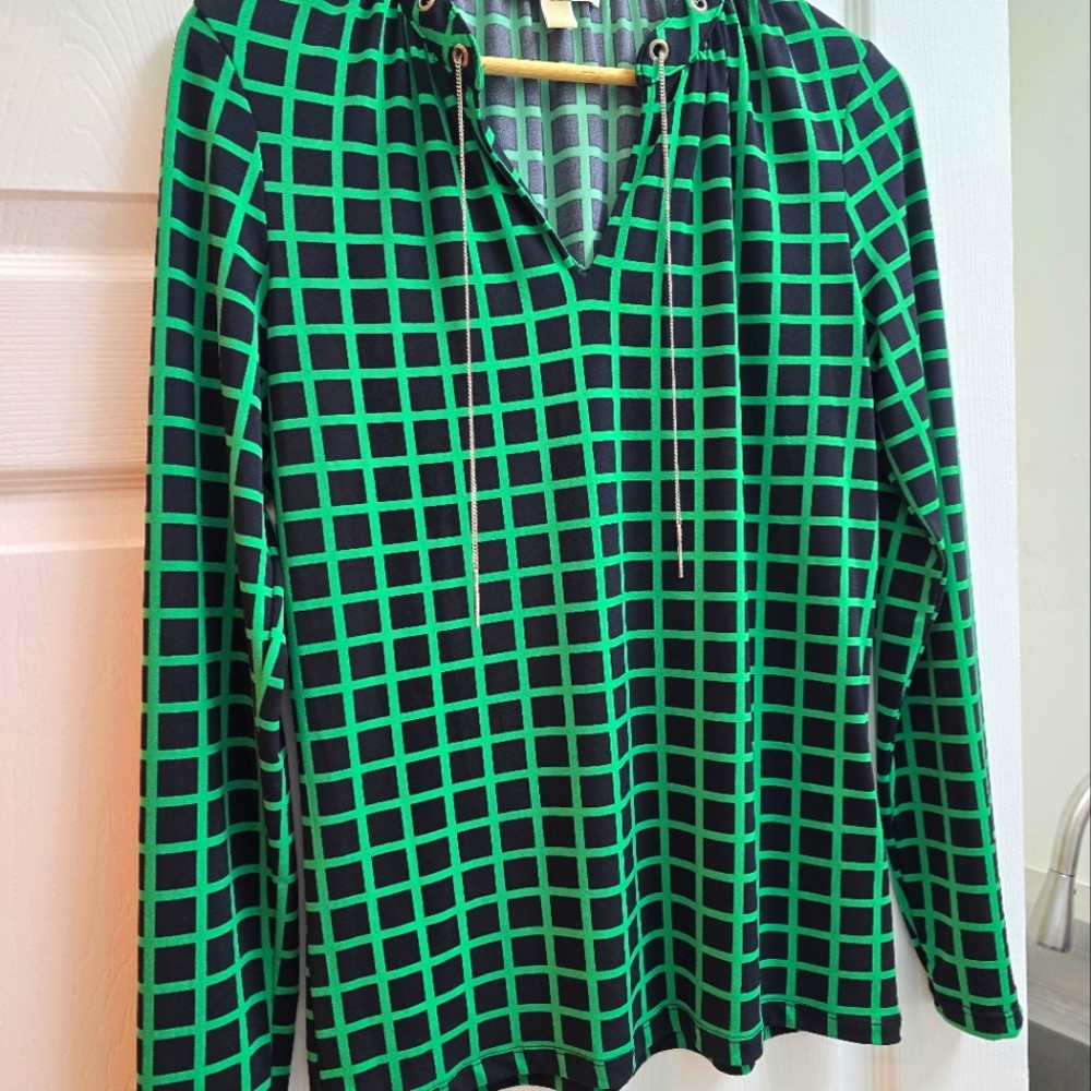 Michael Kors Women's Geometric Long Sleeve Blouse, Black And GREEN Med